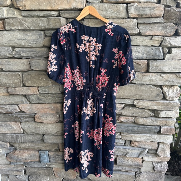 Rebecca Taylor Phlox Dress Silk Cherry Blossom Navy Pink Puff Sleeve V Neck - Picture 8 of 9